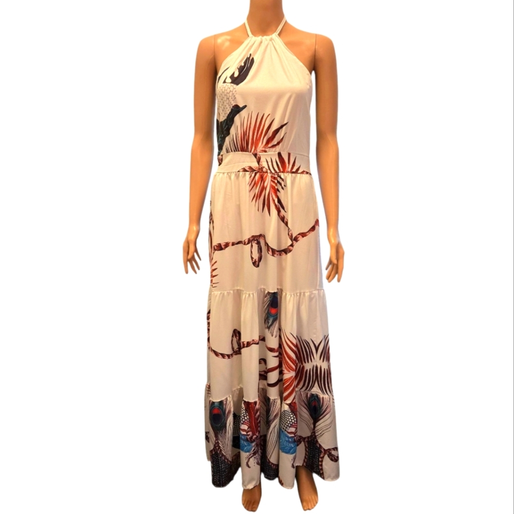 White Peacock Rope Printed Boho Halter Maxi Dress Backless Size Med Tropical